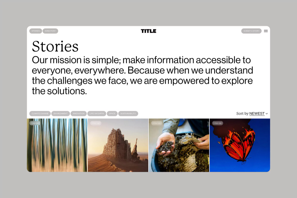 This design features a clean, modern interface combining clear textual mission statements with high-impact photographic visuals. The visual language is editorial and immersive, using natural textures and dramatic lighting to evoke themes of discovery and exploration. The overall feel is professional, thoughtful, and focused on conveying deep knowledge.