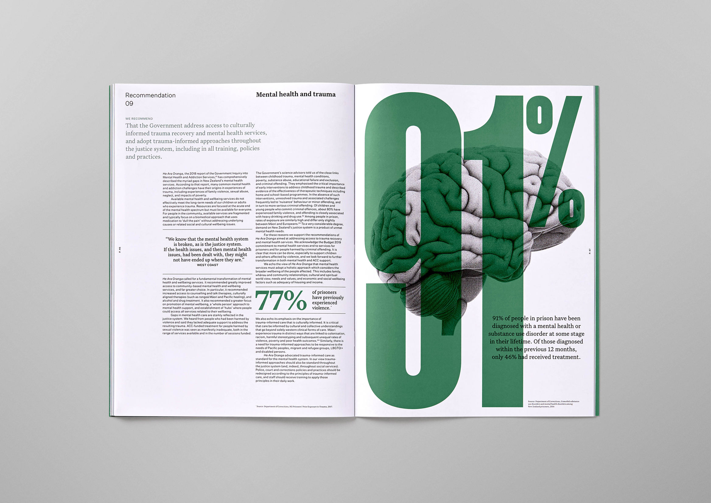 The design employs a clean, modern layout with strong typographic hierarchy and an impactful use of color to highlight key data. It balances dense textual information with large, abstract graphic elements, creating a professional yet serious visual narrative.