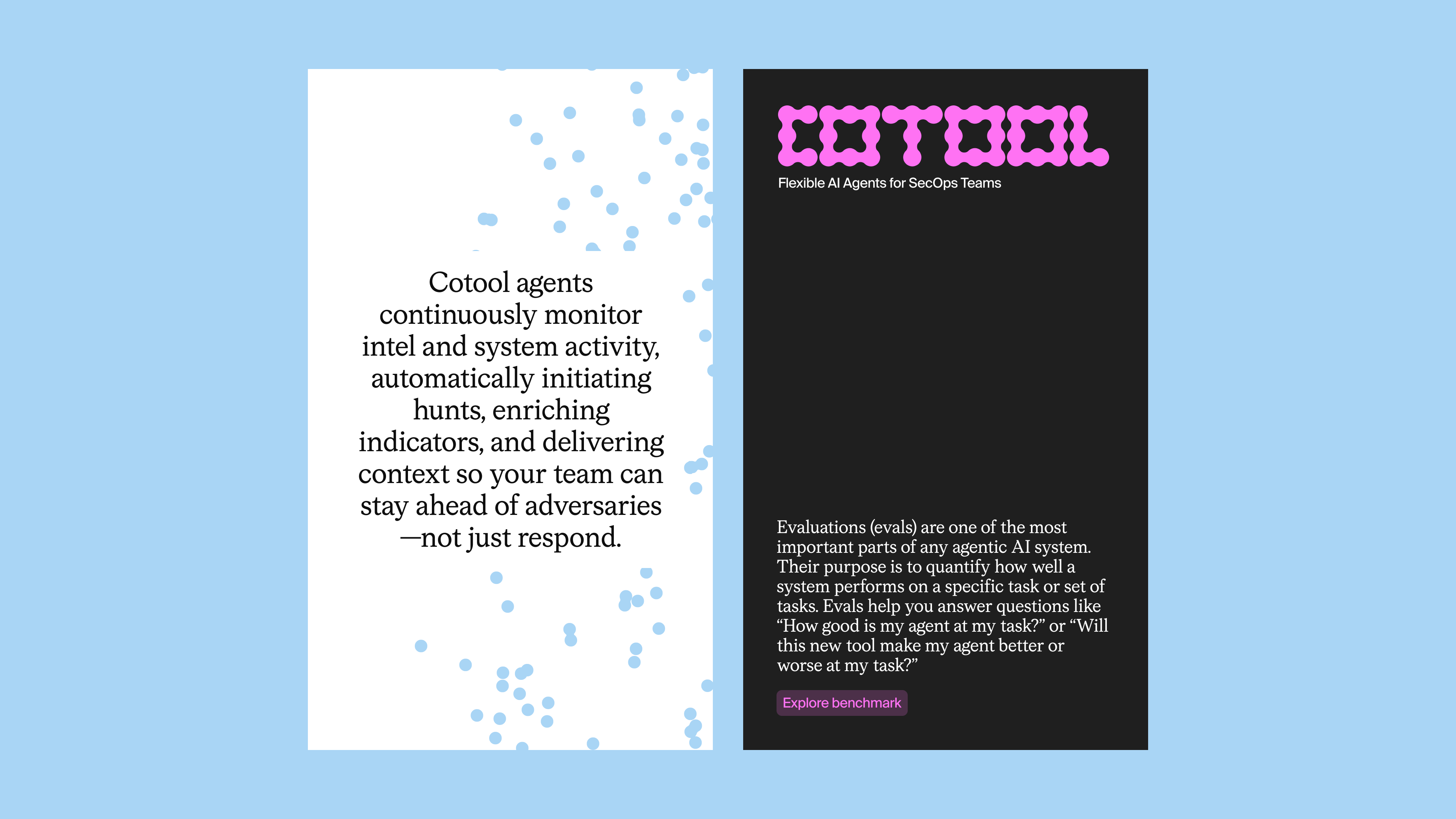 This design features a clean, modern layout utilizing a cool blue background contrasted sharply by vibrant magenta text and scattered light blue particles. The visual language is professional and technical, successfully highlighting a software product concept through clear typography and balanced negative space.