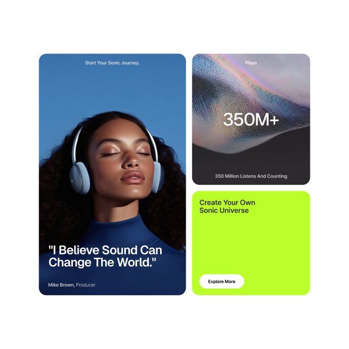 The image presents a clean, modern interface design, likely for a music or sound experience platform. It uses a dark blue/purple gradient background contrasted with bright, clean typography and distinct call-to-action buttons, conveying a professional and immersive digital feel.