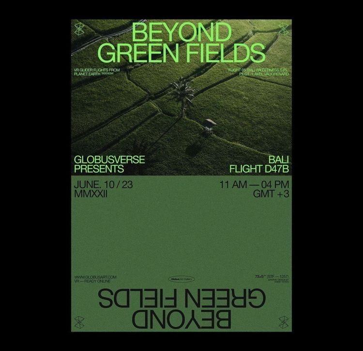 The design employs a minimalist, earthy aesthetic dominated by deep greens and muted tones, suggesting an immersive or natural experience. The layout is clean and structured, using negative space effectively to draw attention to the event details.