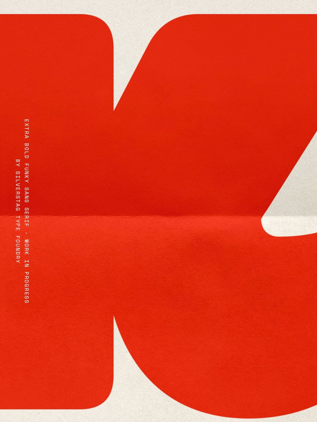 This is a bold, minimalist typographic design dominated by a vibrant, solid red shape. The composition relies on large, clean geometric forms and stark contrast between the saturated color and the off-white background to create a strong, modern statement.