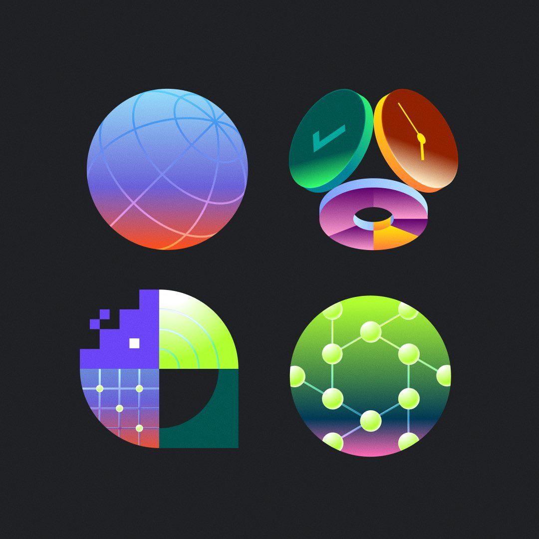 This set of abstract graphics utilizes smooth gradients and geometric shapes to represent concepts like global views, time, data visualization, and interconnected networks. The visual language is clean and modern, relying on translucency and vibrant color transitions against a dark background to create depth and intrigue.