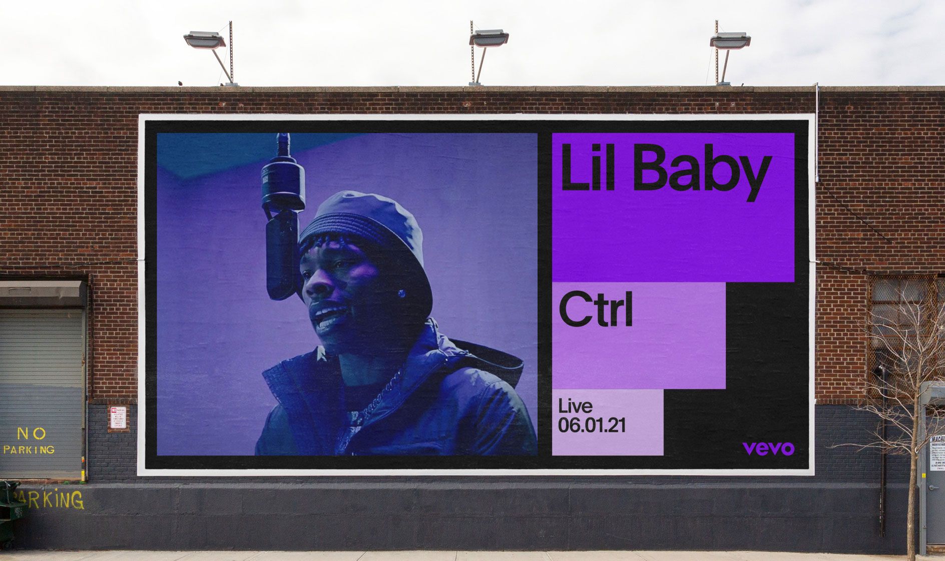 This is a promotional visual, likely for a music event or release, characterized by a dark, moody aesthetic dominated by deep purples and blacks. The design uses high contrast between the photographic element and the clean, blocky text overlays to create a modern, intense feel.