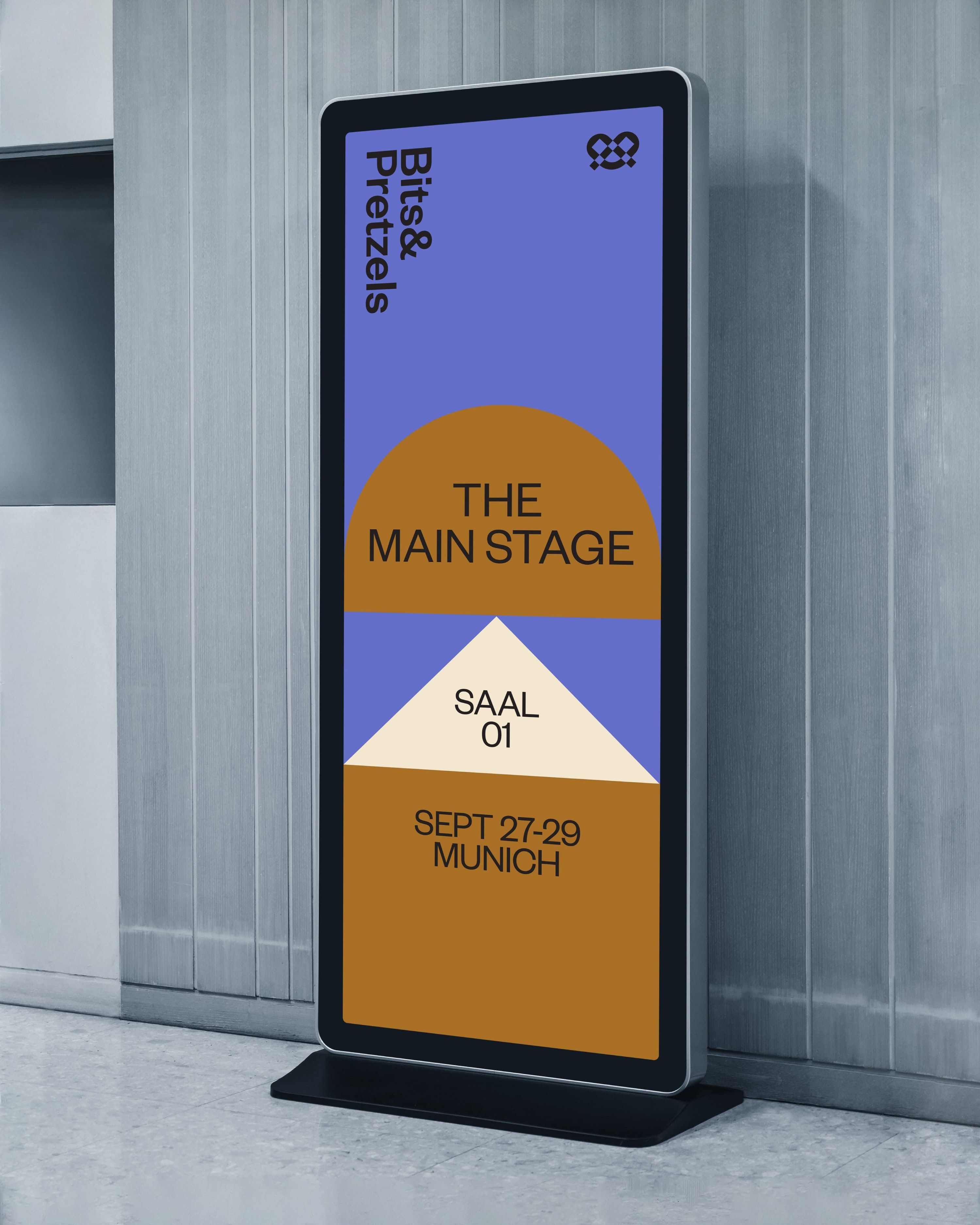This is a vertical digital display or poster design characterized by a clean, modern, and minimalist aesthetic. It uses a limited, muted color palette with strong geometric shapes to create clear visual hierarchy and guide the viewer's eye through the information.