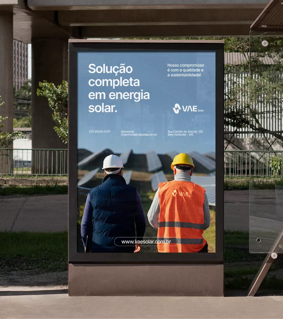This is a clean, professional display design utilizing high contrast to present a service solution in the renewable energy sector. The visual language is modern and corporate, focusing on trust and technical competence through clear typography and relevant imagery.