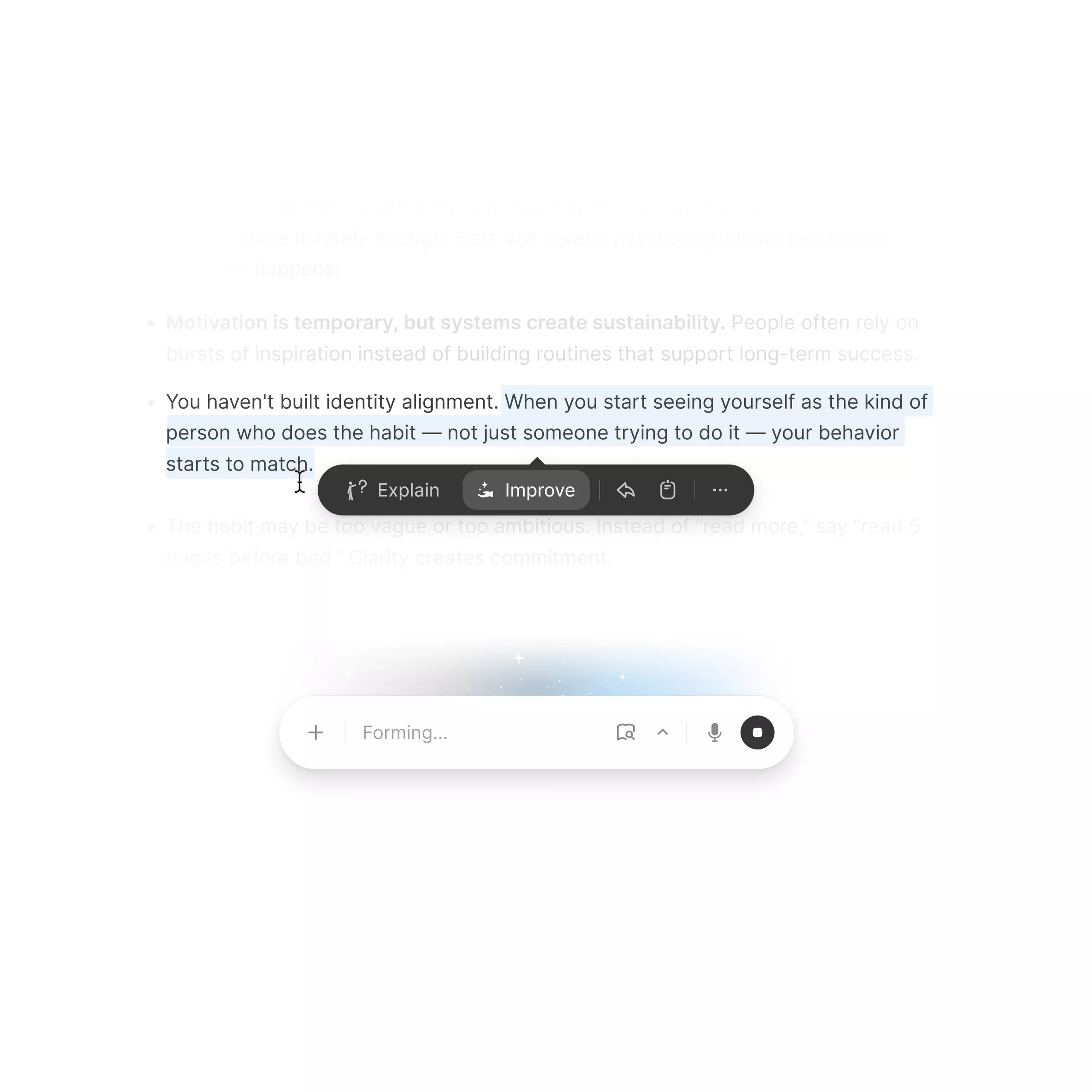 The image presents a clean, minimalist interface design characterized by ample white space and subtle use of gray tones. The visual language is modern and functional, focusing on presenting text-based advice or concepts in a digestible format. The overall feel is calm, professional, and focused on self-improvement or productivity.