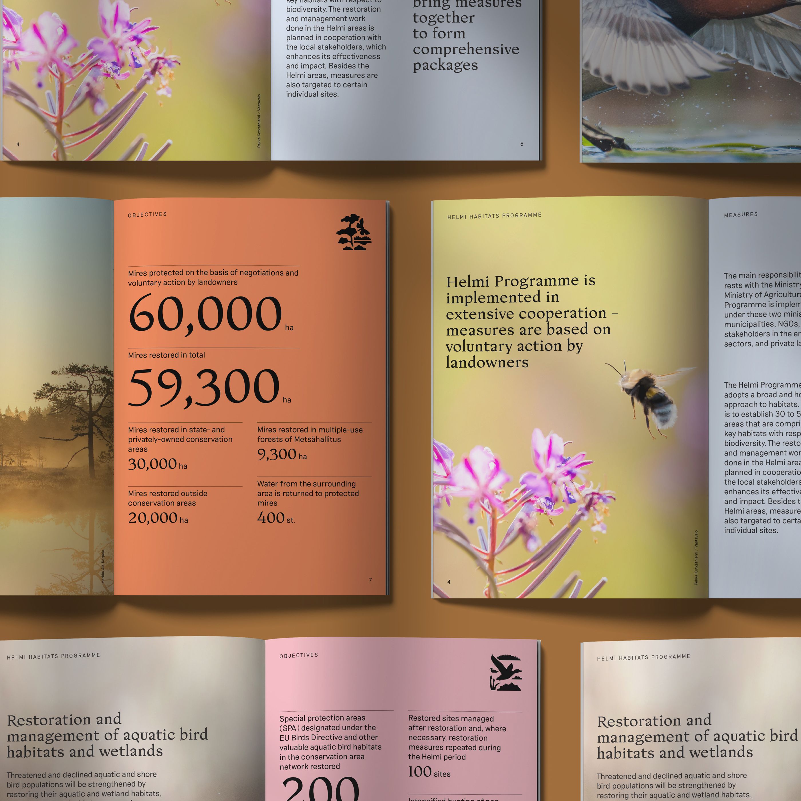 The image displays a series of informational or programmatic documents, likely reports or brochures, characterized by a clean, professional, and nature-focused design. It uses ample white space and high-quality photography to convey detailed environmental or conservation information.