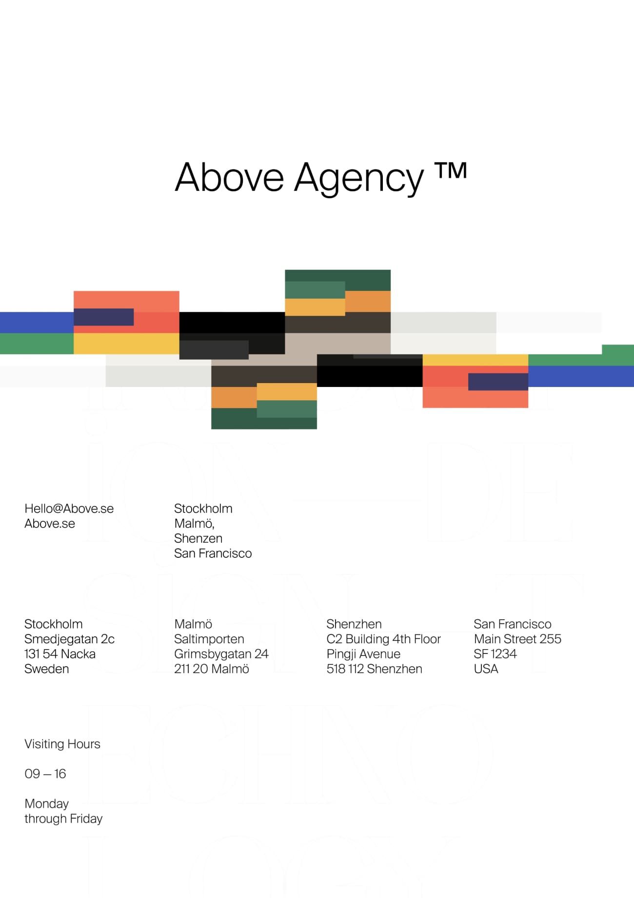 A minimalist agency branding design featuring a geometric, modular composition with stacked colored rectangles forming an abstract horizontal pattern. The layout combines clean typography with a contemporary color-blocking approach, presenting contact and location information in a structured, grid-based format.