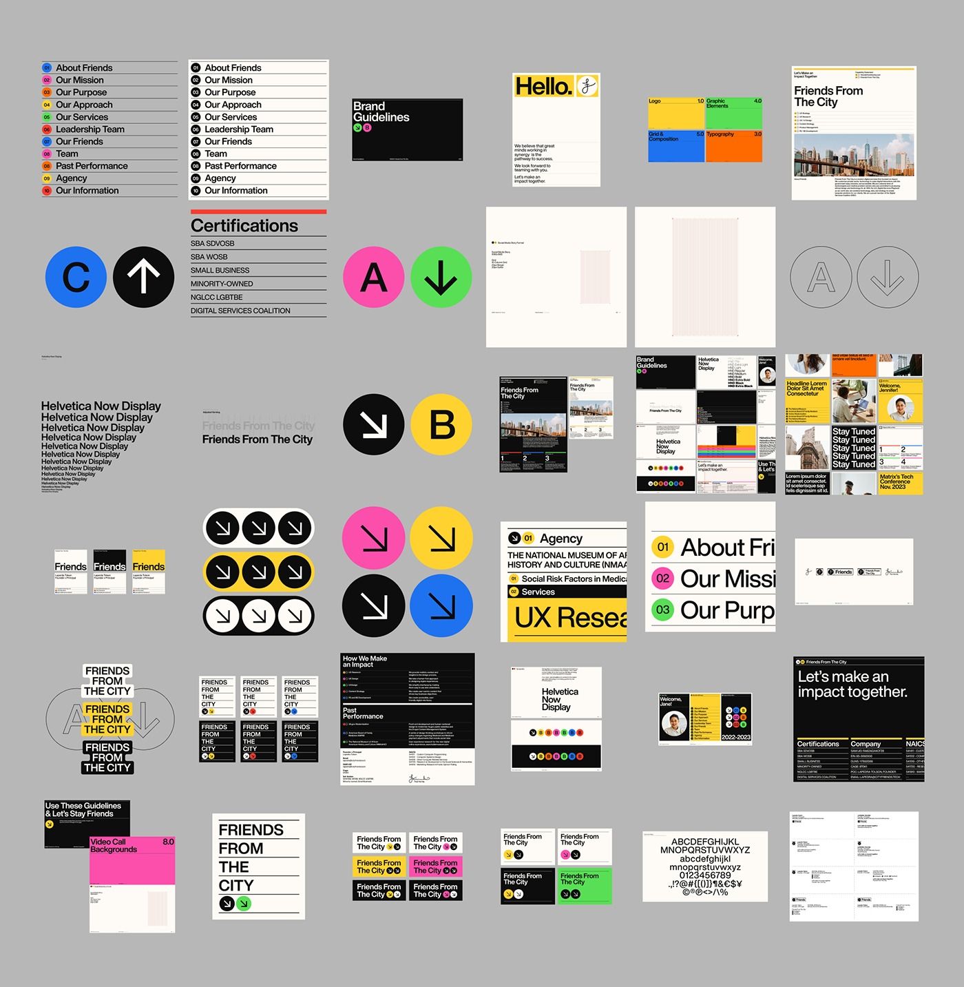 A comprehensive brand identity and design system showcase featuring a modern, geometric visual language with bold primary colors and minimalist typography. The layout presents multiple applications of a cohesive design system including logos, color palettes, typography, and branded collateral across various formats.