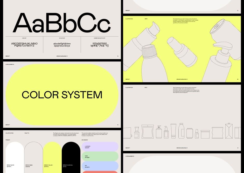 This image showcases a highly structured and minimalist design system focused on typography and color theory. The visual language relies heavily on clean lines, ample negative space, and geometric organization to establish a cohesive brand identity.