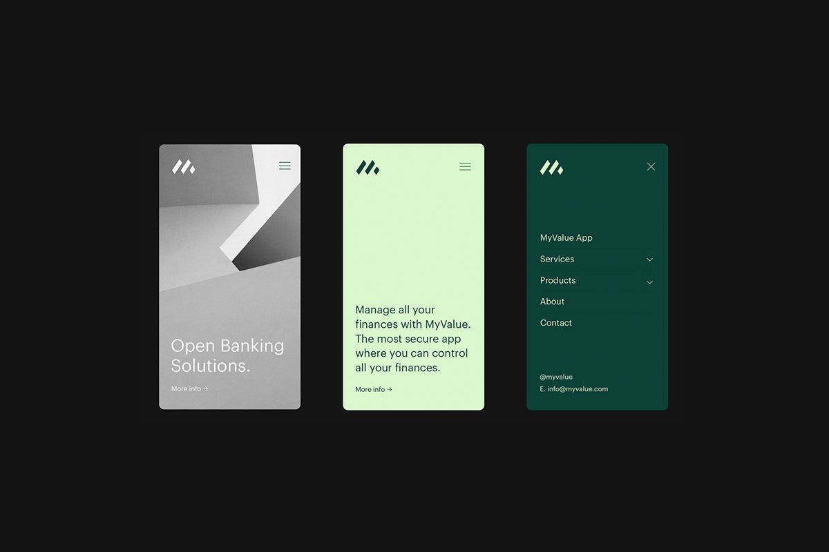 The image displays three distinct, minimalist mobile app screen mockups set against a dark background. The design emphasizes clean lines, ample white space (or negative space), and a subtle, modern aesthetic using muted tones and clear hierarchy.