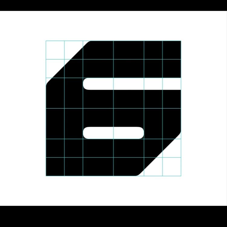 The image features a large, bold numeral '6' rendered in solid black against a white background, overlaid on a subtle grid pattern. The design is stark, modern, and emphasizes graphic clarity and structure.