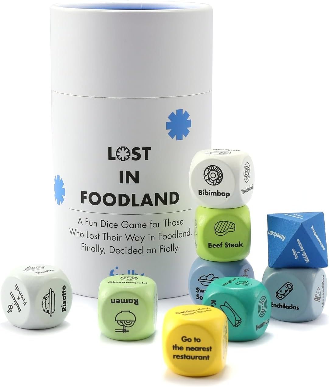The image displays a set of wooden dice packaged in a cylindrical container, suggesting a tactile and playful game component. The design is clean, minimalist, and uses distinct color coding for different dice types, conveying a sense of organized fun.