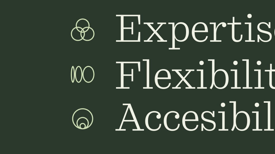 This design features a clean, minimalist presentation using subtle symbols and clear typography against a dark, earthy background. The visual language is highly functional, emphasizing clarity and professionalism through simple lines and good negative space.