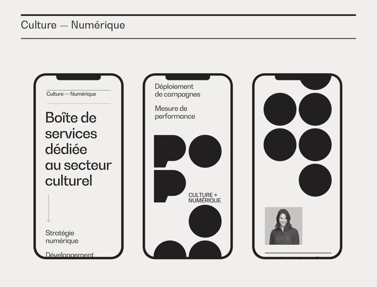 The image presents a clean, minimalist design concept showcasing three distinct mobile app screens or interface mockups related to 'Culture - Numérique'. The visual language is stark, relying heavily on black and white contrast, suggesting a focus on professional, modern digital services.