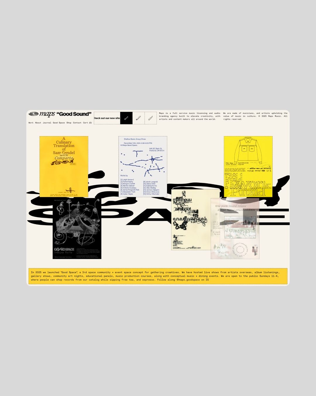 A bold, experimental graphic design layout featuring a curated collection of vintage design documents and publications arranged horizontally with dynamic black gestural marks overlaying the composition. The design combines archival imagery with contemporary graphic interventions, creating a layered, collage-based visual narrative that celebrates design history and process.