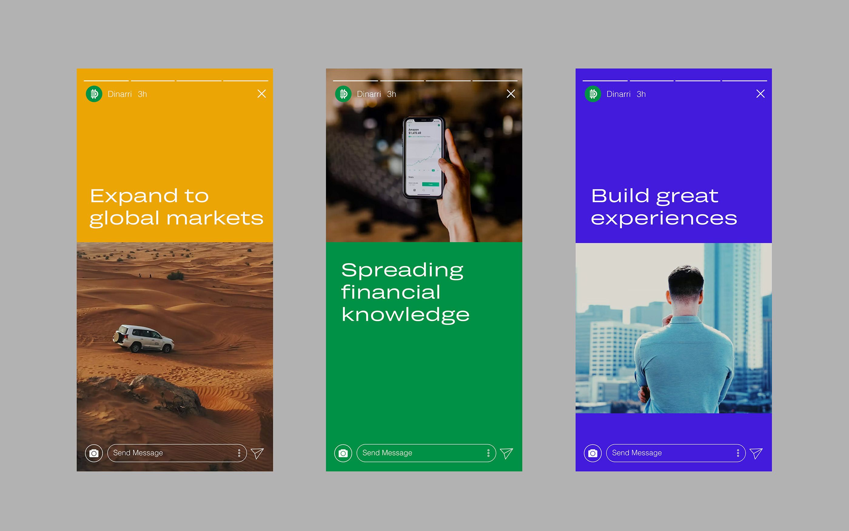 The image displays three distinct, vertically oriented mobile app screens characterized by bold color blocking and clear, concise messaging. The design uses a clean, modern aesthetic with high contrast between vibrant backgrounds and white text to convey professional and ambitious themes.