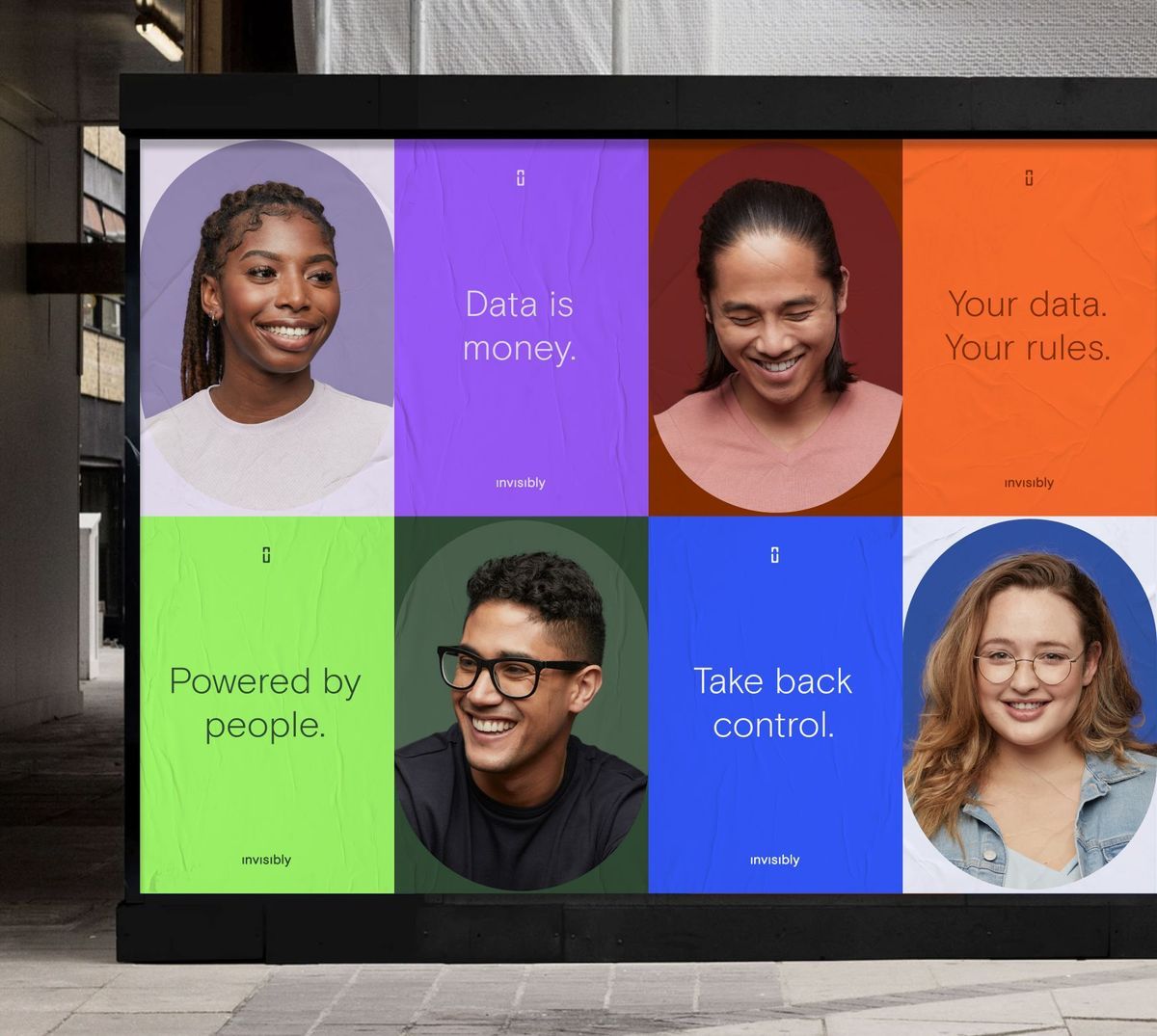 A bold, modular grid-based display featuring diverse portraits paired with motivational taglines in a contemporary tech aesthetic. The design uses vibrant, contrasting color blocks and clean typography to communicate brand values around data empowerment and user control.