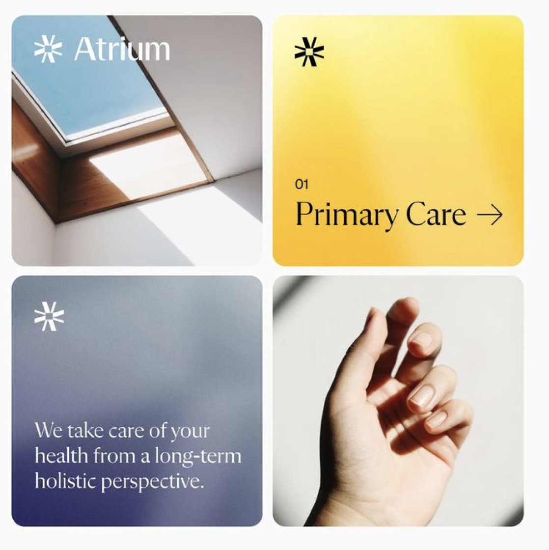 This design uses a clean, modular grid structure to present services related to healthcare and holistic wellness. The visual language balances bright, optimistic colors with deeper, trustworthy tones to create a sense of professionalism and patient care. The composition is clean and balanced, ensuring clarity between the different informational panels.