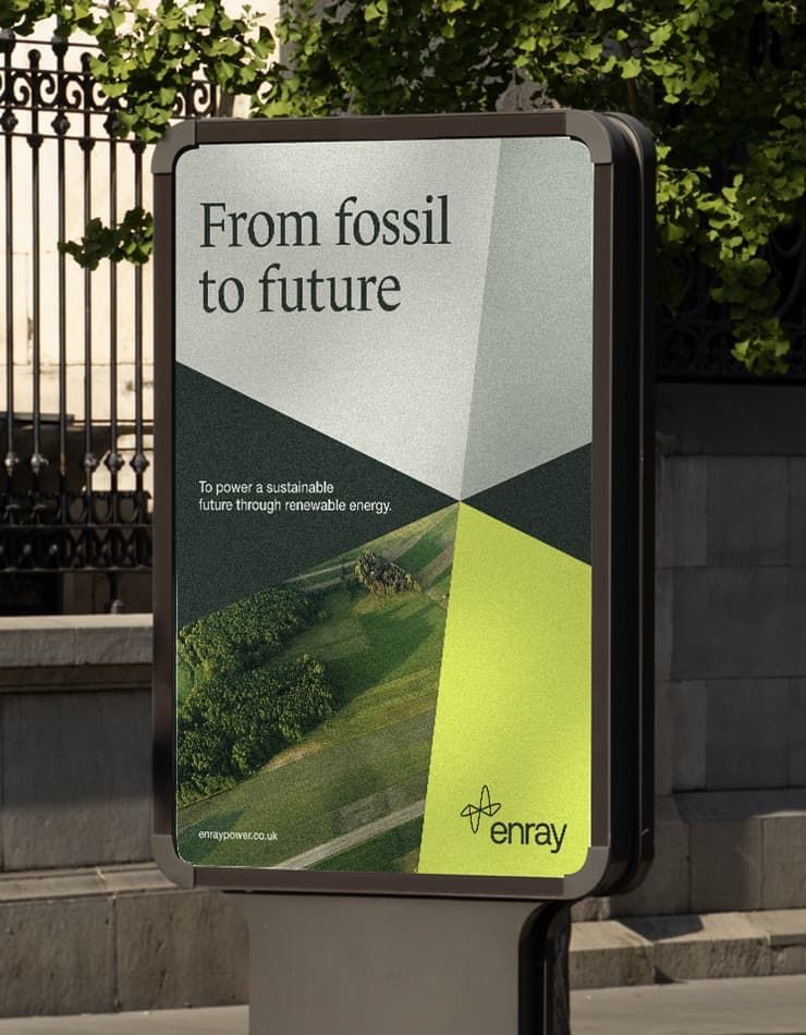 A modern sustainability-focused billboard featuring geometric composition with bold typography and nature imagery. The design uses a striking color-blocked layout combining natural landscape photography with vibrant accent colors to communicate an environmental message about renewable energy transition.