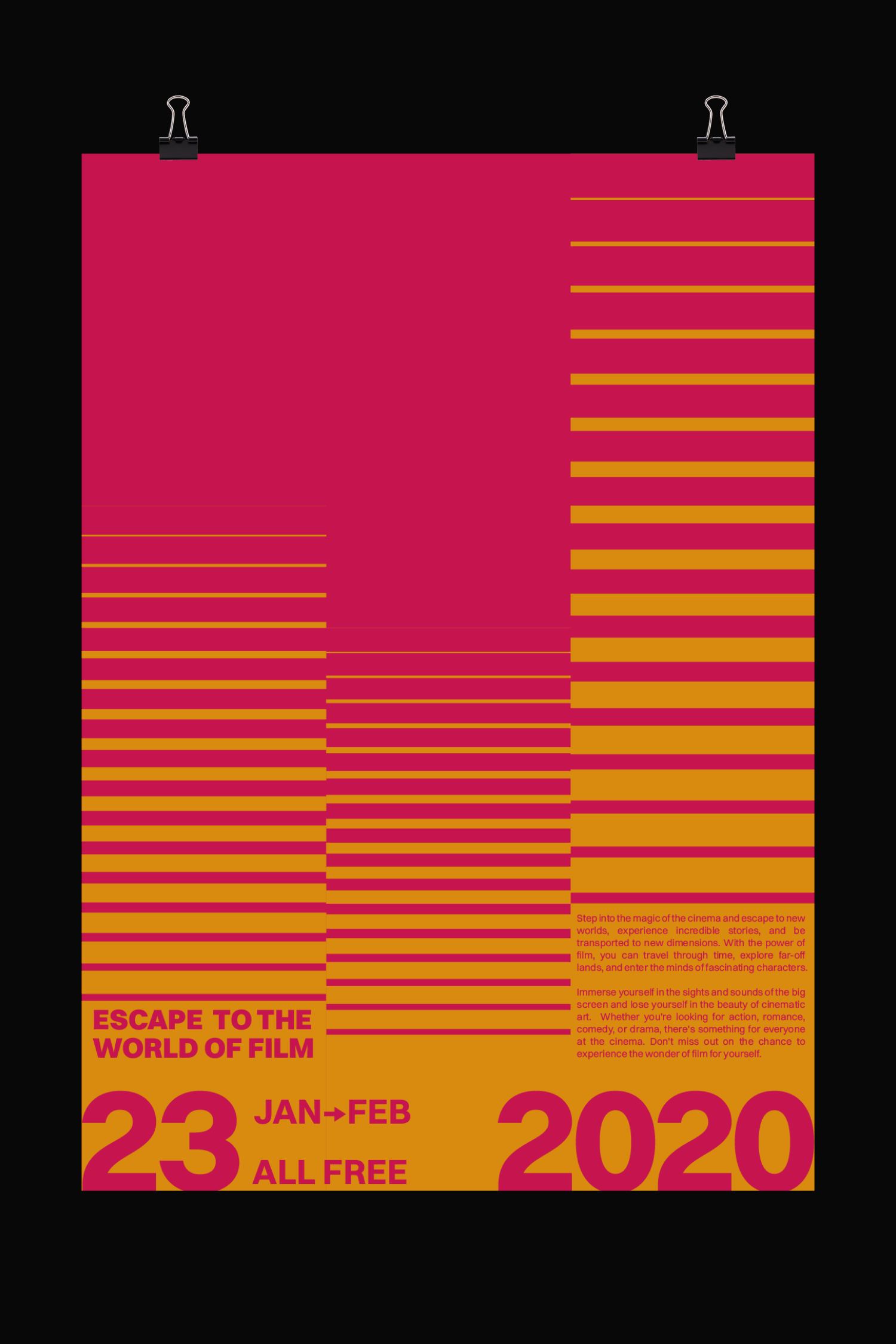 This poster utilizes a bold, high-contrast graphic style defined by large, flat blocks of vibrant color. The composition relies on strong horizontal banding to create an energetic and immediate visual impact.