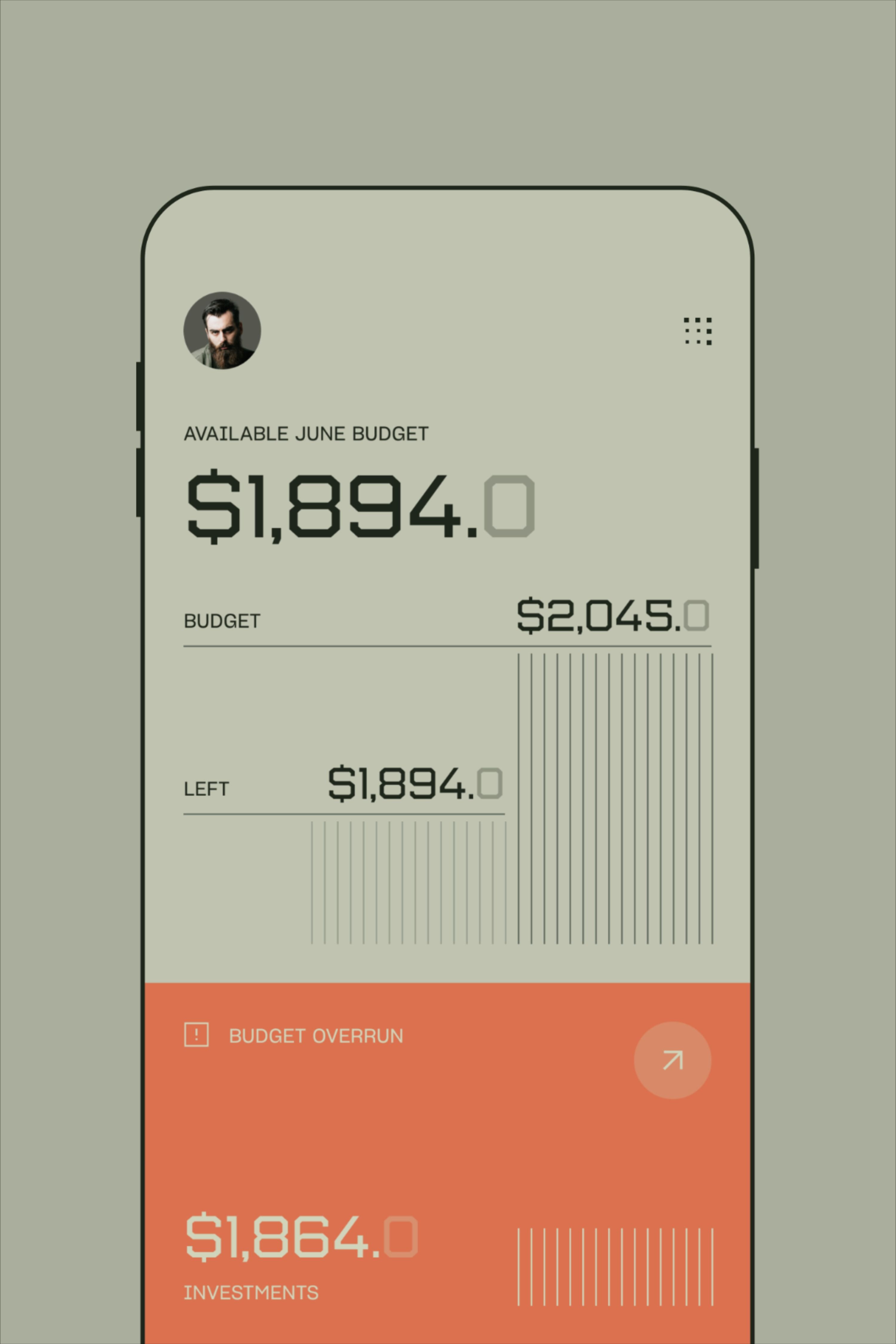 This design features a clean, minimalist mobile user interface dedicated to financial tracking. The visual language relies on muted earth tones and clear typography to present complex budget data in an easily digestible format. The overall feel is professional, organized, and highly functional.