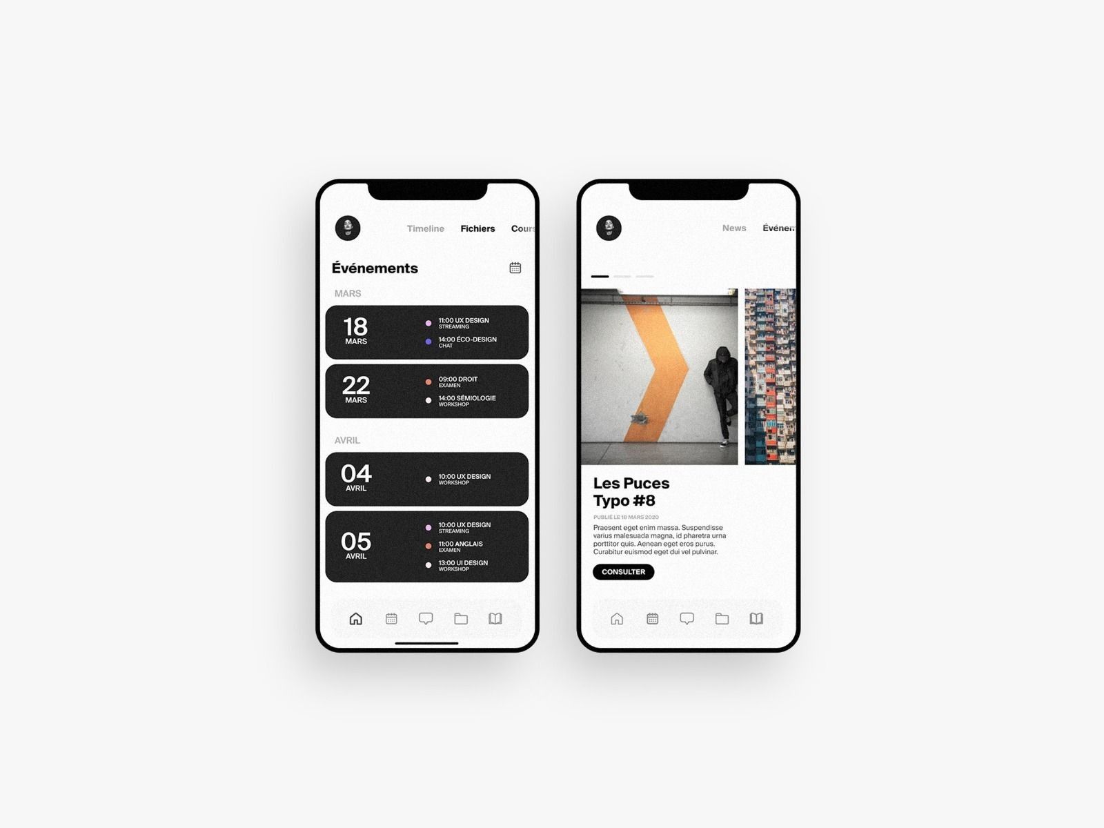 The image displays a clean, minimalist mobile application interface for managing events. The design emphasizes clear hierarchy, ample white space, and a modern, professional aesthetic suitable for scheduling or event tracking.