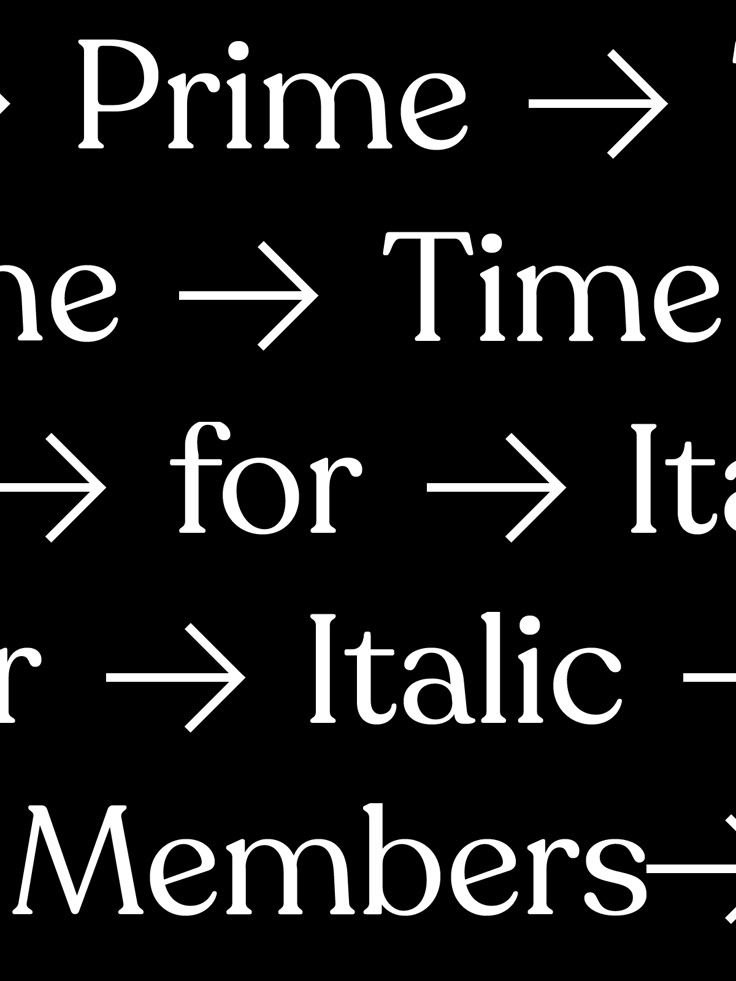 The image displays a series of text fragments, likely representing a sequence or transformation (Prime -> Time for Italic Members), rendered in a clean, sans-serif typeface against a stark black background. The design is minimalist and functional, relying purely on typography to convey information.