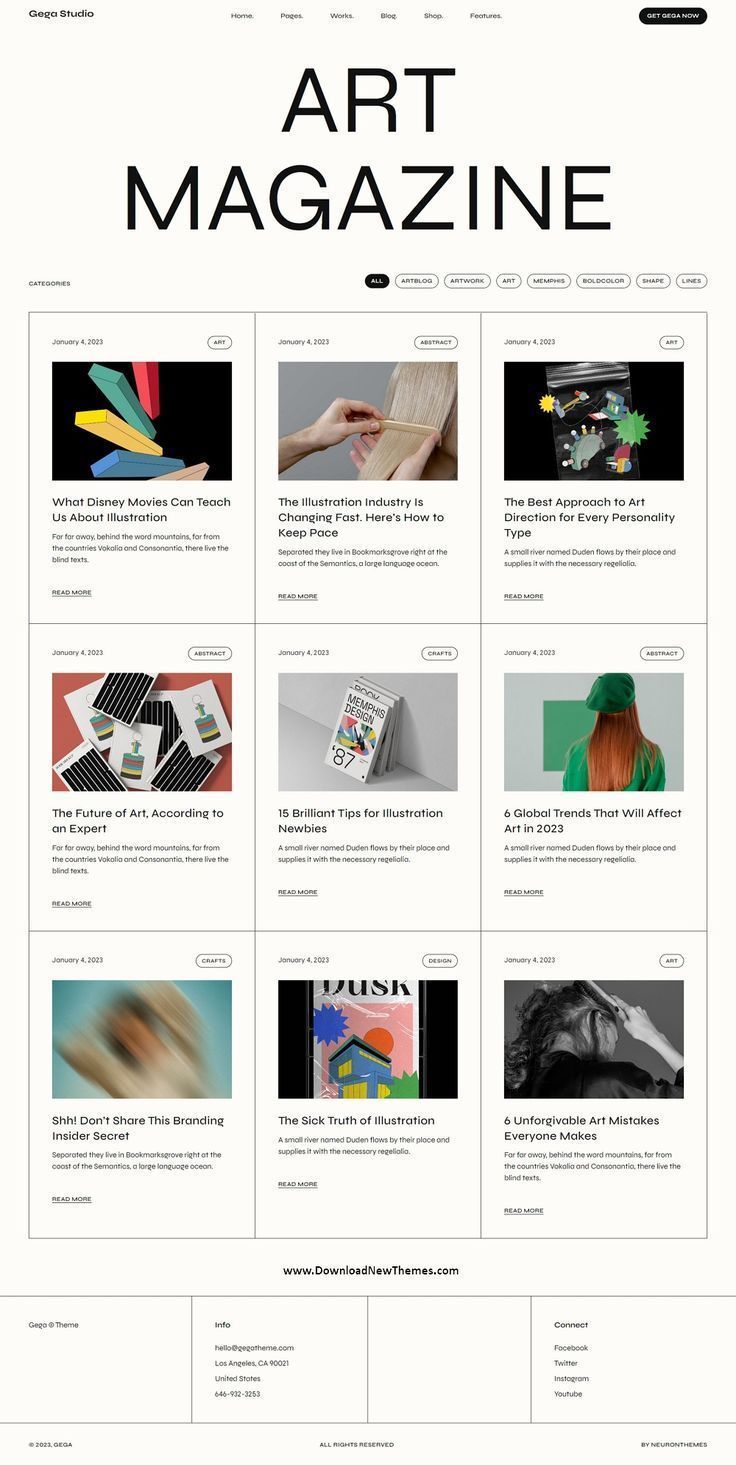 A clean, minimalist art magazine website featuring a grid-based layout with bold typography and curated article cards. The design emphasizes content hierarchy through whitespace and subtle visual elements, creating a sophisticated and editorial aesthetic.