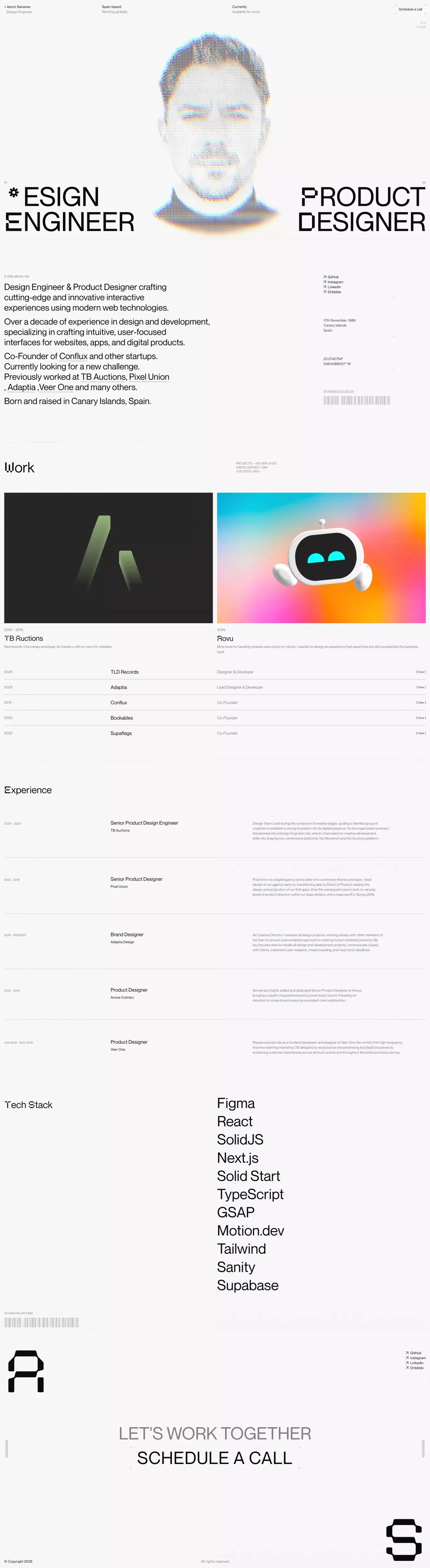 The design presents a clean, minimalist, and professional portfolio layout with a strong emphasis on typography and negative space. The visual language is modern and corporate, using subtle gradients and high-contrast elements to guide the user through the content.