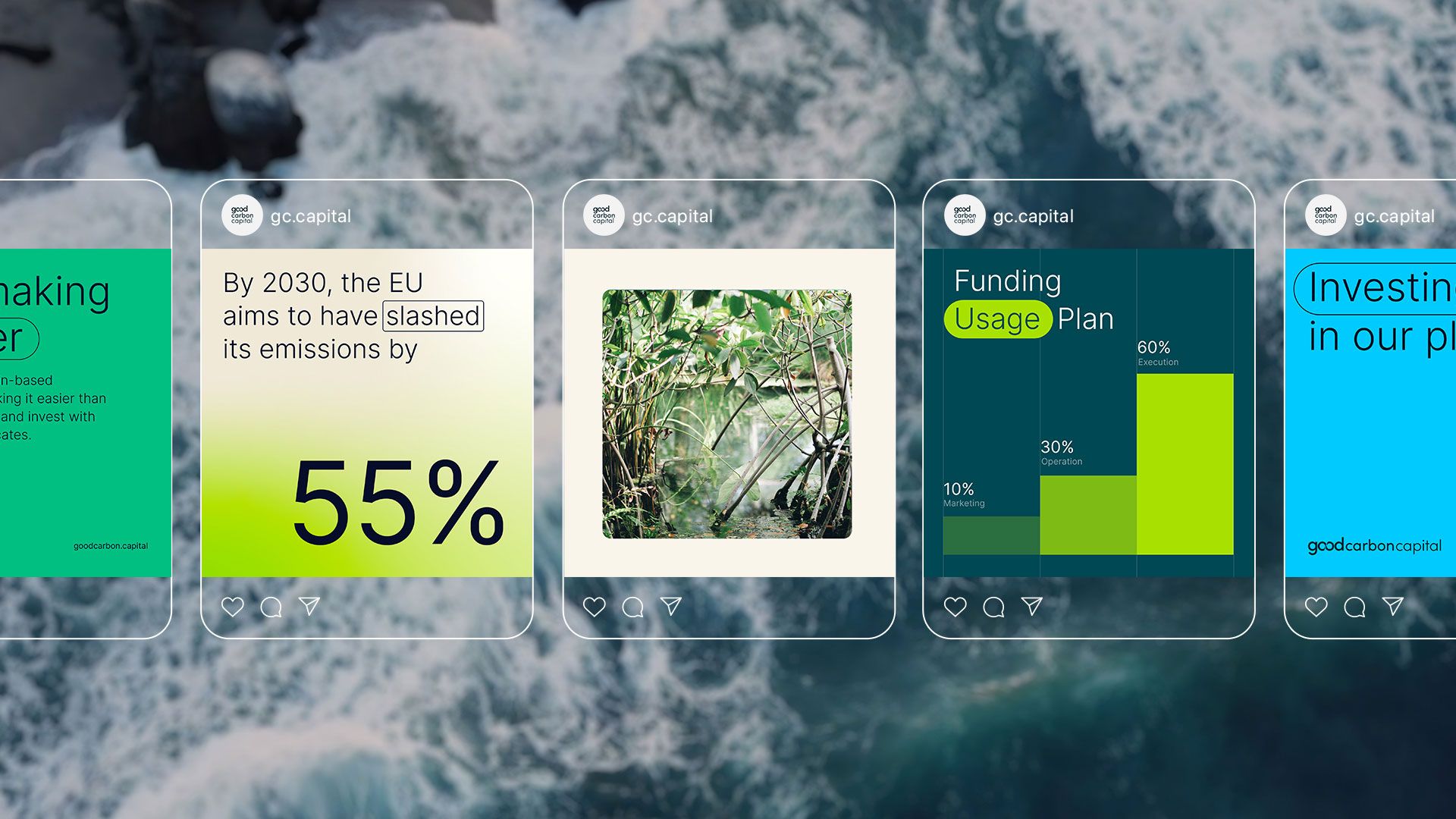 A modern social media carousel showcasing sustainability and environmental initiatives with a clean, contemporary design. The layout features overlapping card-style frames with vibrant neon accents against a natural aerial photography background, creating a striking contrast between digital and organic elements.