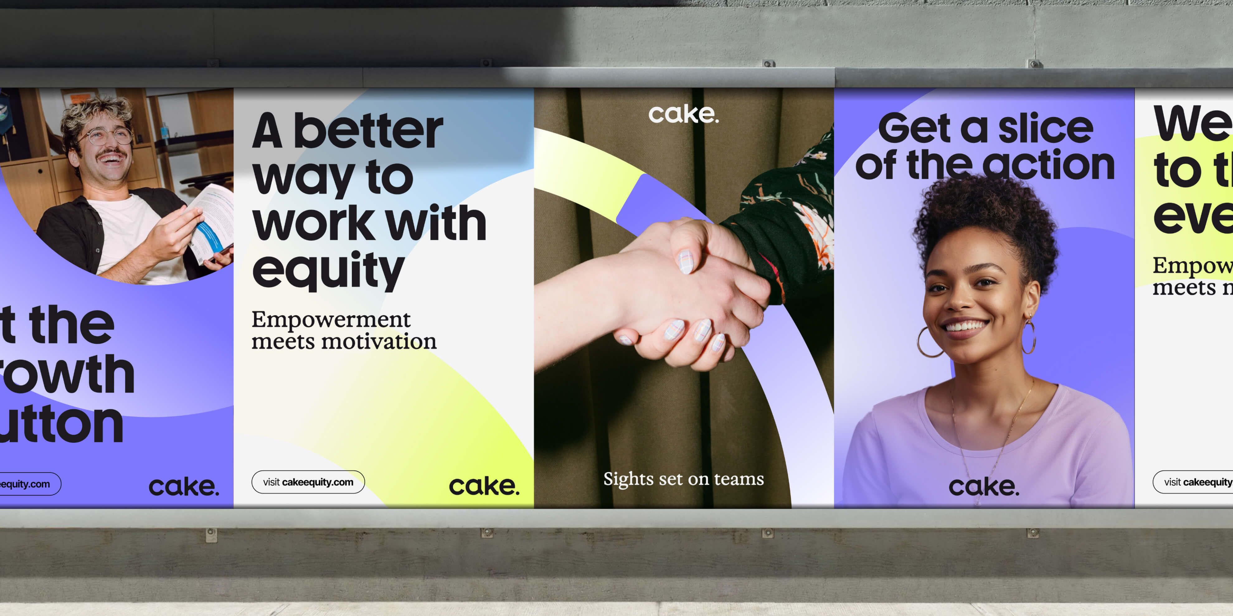 This display uses a clean, modern design to visually connect abstract concepts like equity and motivation through human interaction imagery. The layout is segmented, using vibrant color blocks to highlight key messages about collaboration and empowerment. The overall feel is professional, optimistic, and focused on promoting diversity and teamwork.