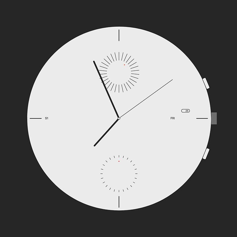 This design employs a stark, minimalist aesthetic characterized by precise lines and negative space on a circular plane. The visual language is technical and clean, relying heavily on stark contrast between the dark background and light markings to achieve a high degree of clarity and symmetry.