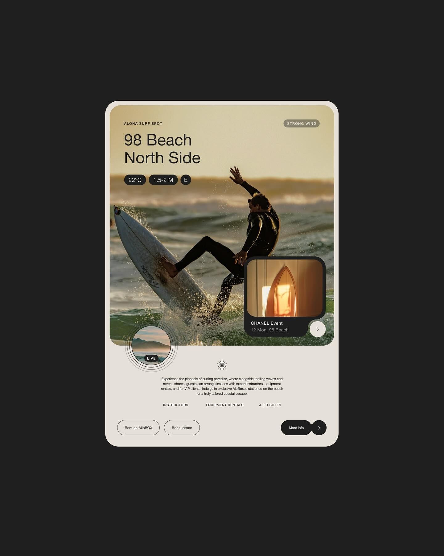 The design is clean, modern, and minimalist, utilizing a muted, earthy color palette to convey a sense of natural adventure. The layout is structured and informative, clearly presenting details about a surf spot experience.
