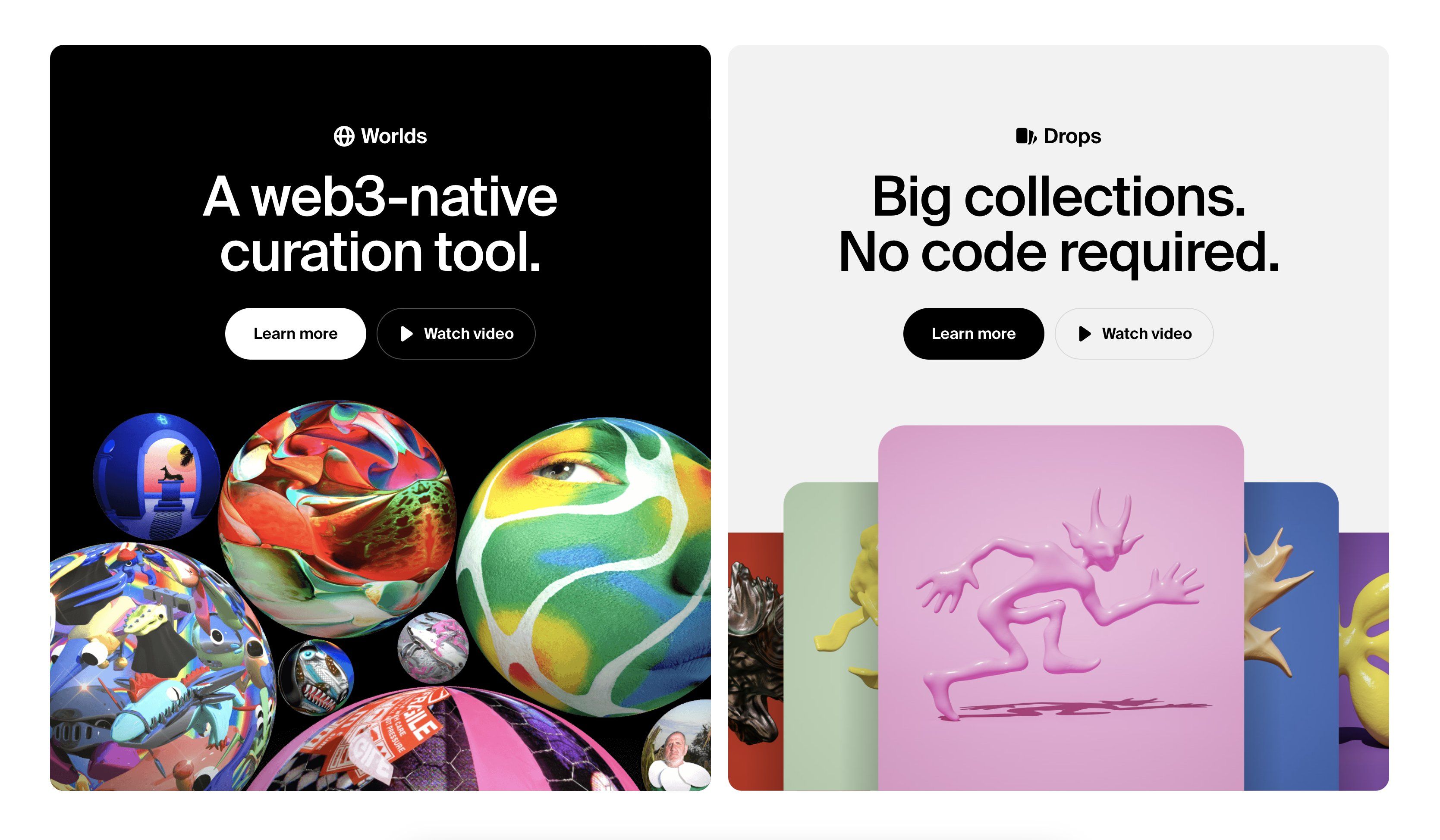 The design features a clean, modern layout contrasting dark backgrounds with bright, colorful spherical objects. The visual language is professional and tech-focused, emphasizing ease of use ('No code required') through clear typography and ample white space on the right panel.