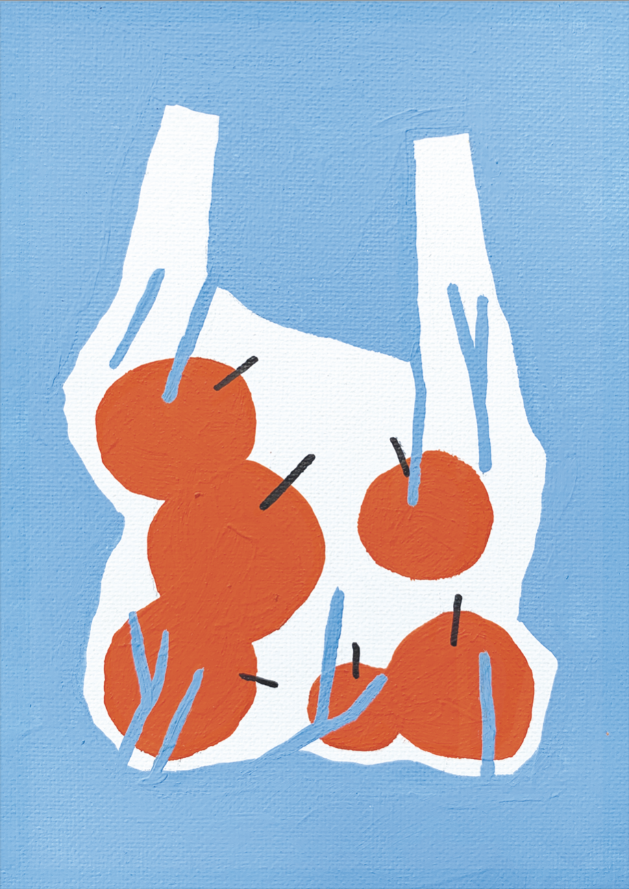 A minimalist illustration featuring a white plastic bag filled with red tomatoes against a soft blue background. The design employs a flat, contemporary aesthetic with clean lines and a focus on sustainable consumption themes through the juxtaposition of fresh produce and single-use packaging.
