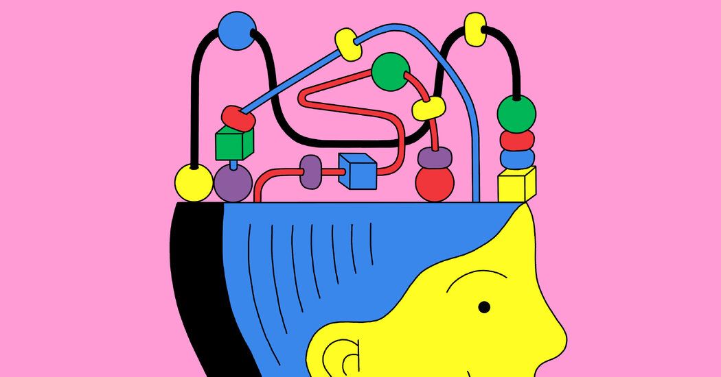 This illustration uses a vibrant, abstract style to depict a complex network or brain structure through interconnected lines and colored nodes. The design successfully blends scientific concepts with playful, modern visual language, creating a sense of intricate connectivity and conceptual understanding.