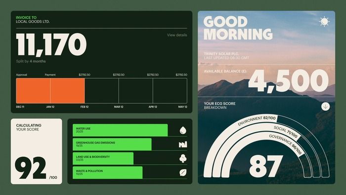 This design features a clean, modern dashboard aesthetic that effectively marries structured numerical data with a natural, atmospheric background. The visual language is professional and trustworthy, utilizing muted greens and earth tones to convey a sense of environmental responsibility and analytical clarity.