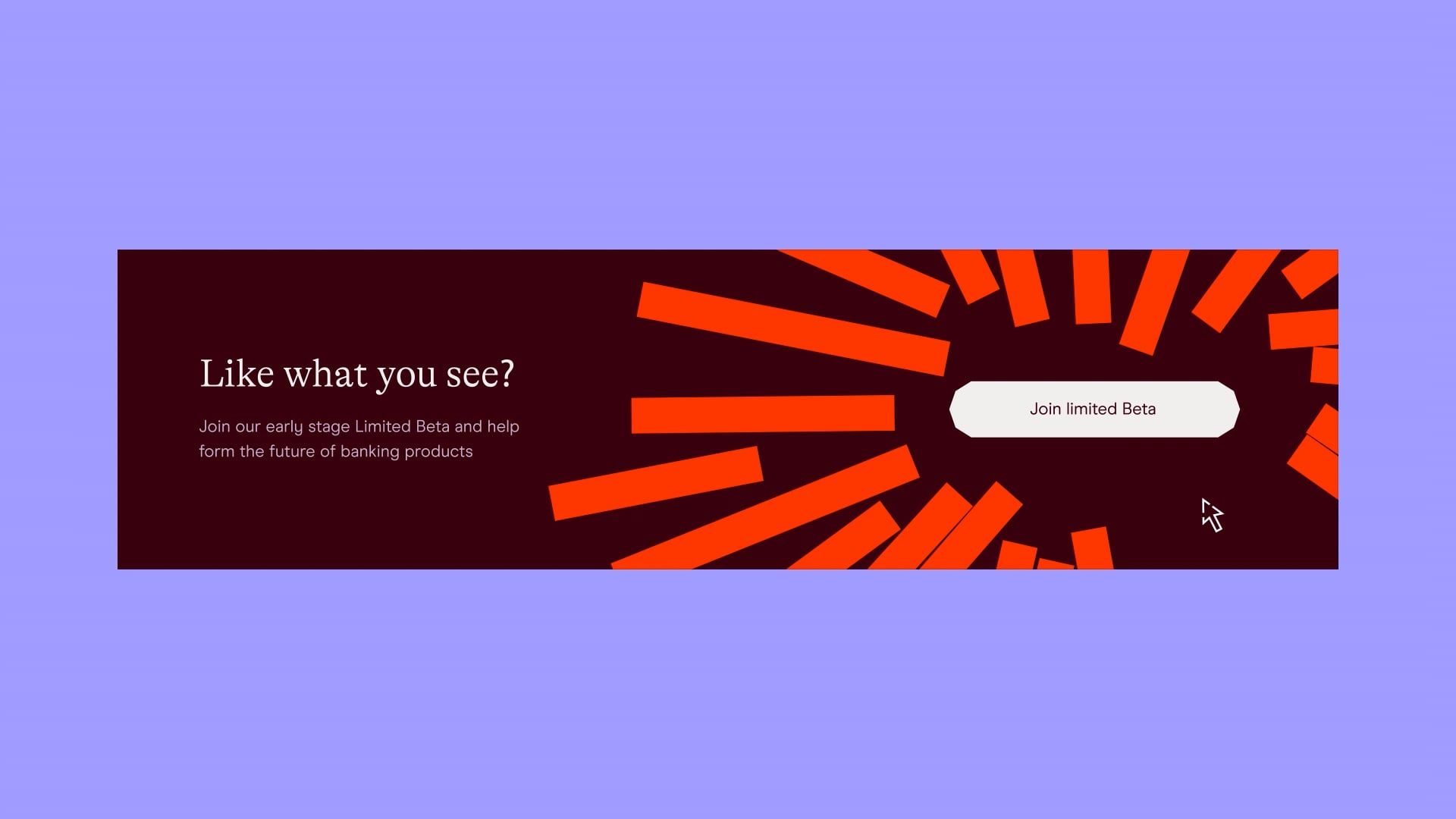 A modern promotional banner featuring a bold contrast between a dark burgundy left section and a vibrant orange geometric sunburst pattern on the right. The design employs contemporary minimalism with dynamic angular shapes that create visual movement and energy against a soft lavender background.