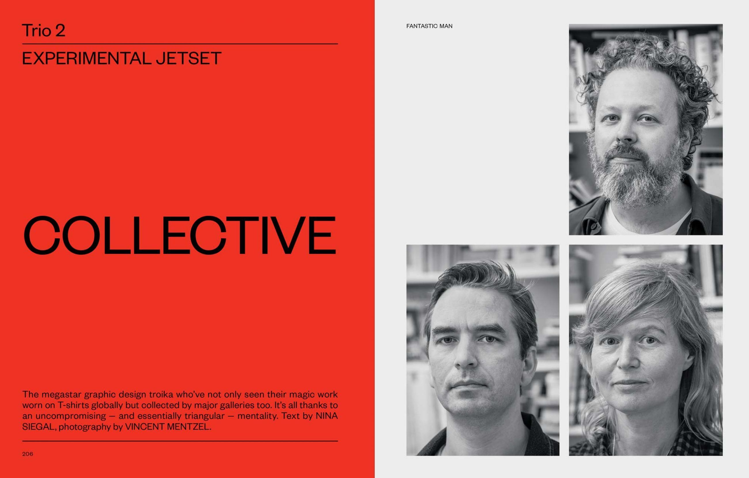 A bold, modernist design layout featuring a vibrant red left panel with experimental typography contrasted against a clean white right panel displaying black and white portrait photography. The composition exemplifies contemporary graphic design with strong geometric division and deliberate use of negative space.