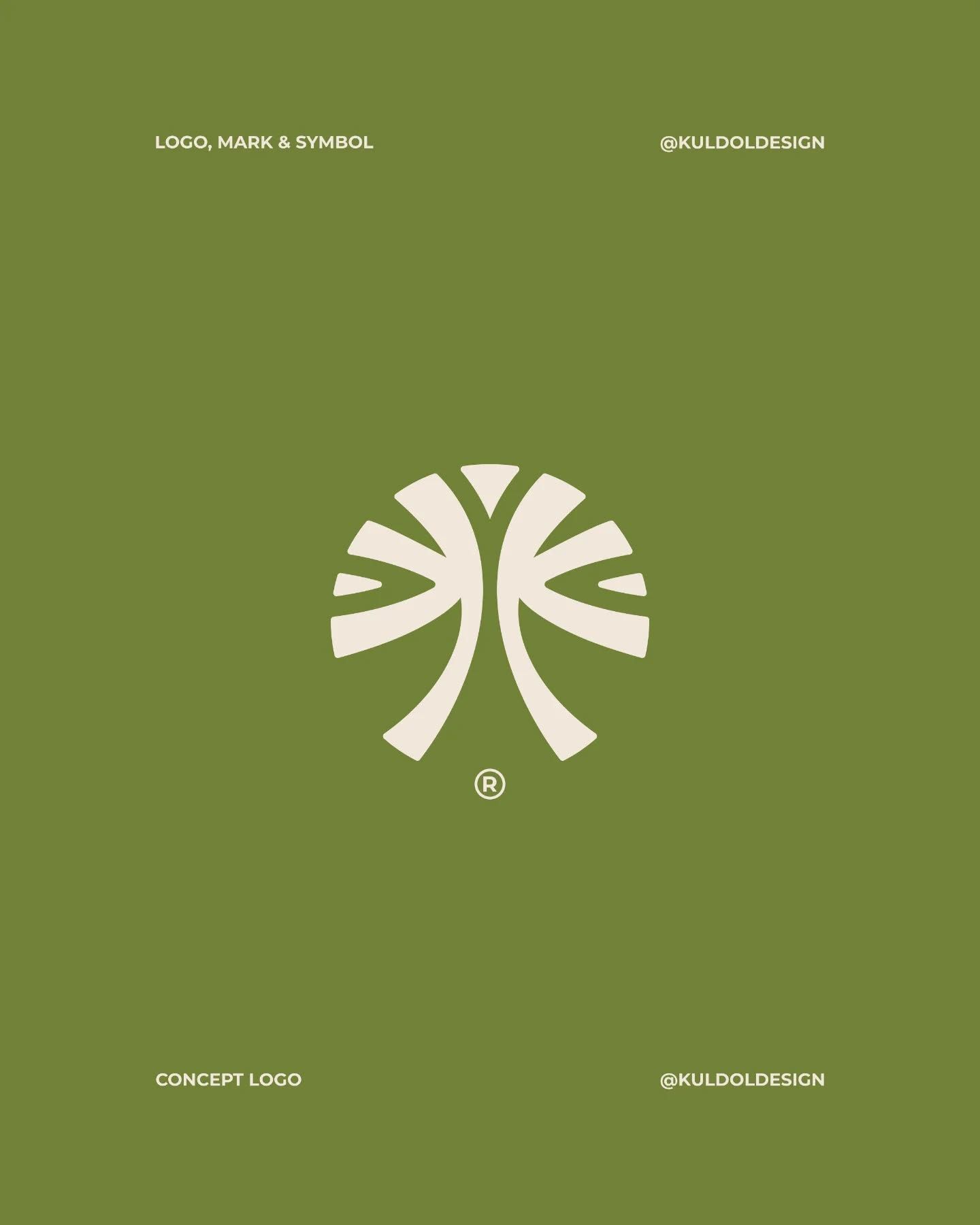 This design utilizes a minimalist aesthetic centered around an organic, symmetrical symbol set against a muted olive background. The visual language is clean and sophisticated, relying on negative space to highlight the simple yet balanced mark.