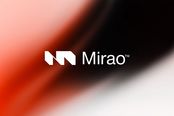 A modern brand identity featuring the 'Mirao' logo with a geometric, abstract mark composed of angular white shapes. The design employs a sophisticated gradient background transitioning from warm coral and red tones to cool blacks and whites, creating dynamic visual movement and contemporary appeal.