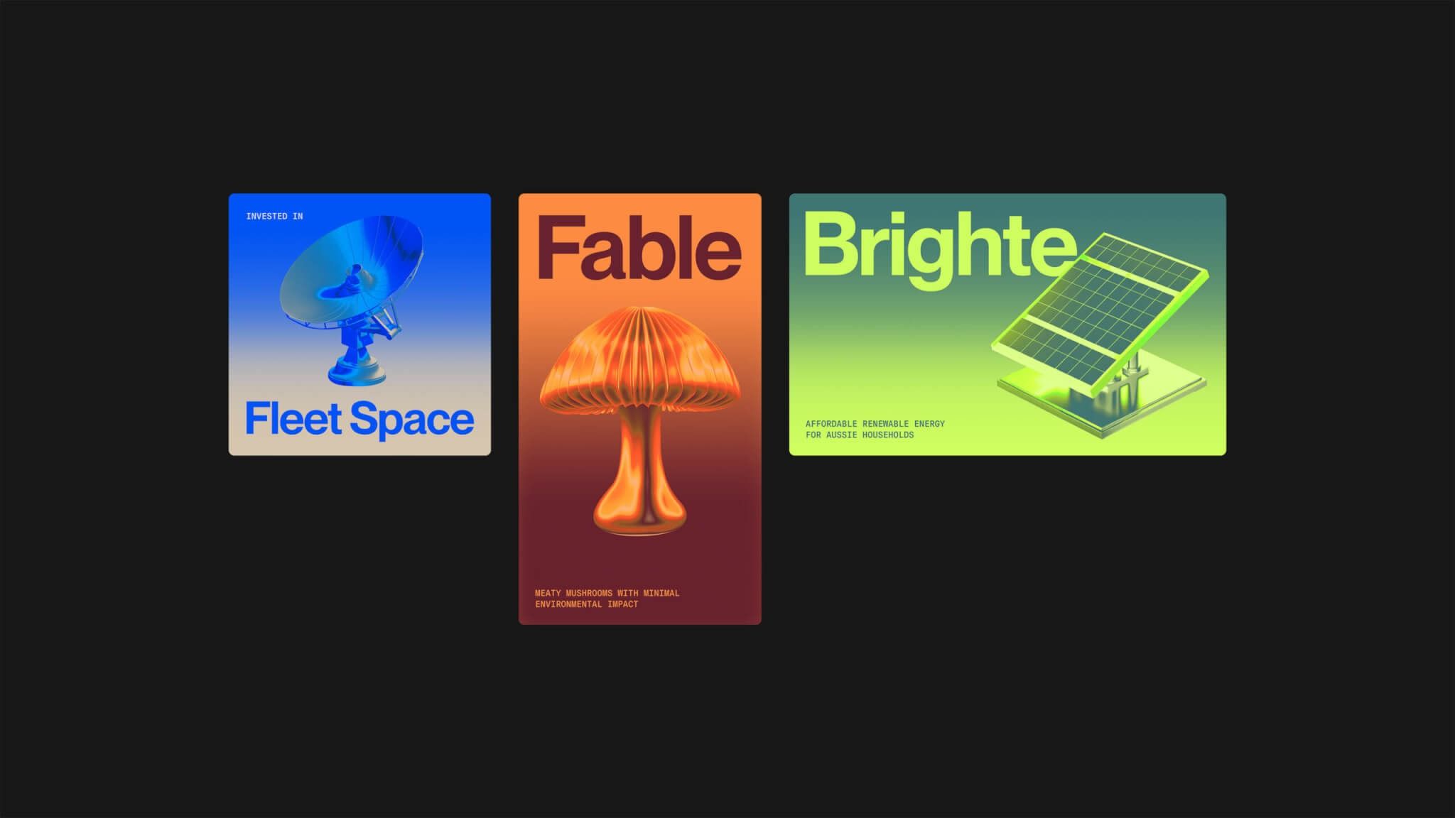 This graphic uses a clean, modular layout to present three distinct concepts with vibrant color contrasts and organic imagery. The design balances technical elements like space and renewable energy with natural forms, creating an accessible yet sophisticated visual narrative.