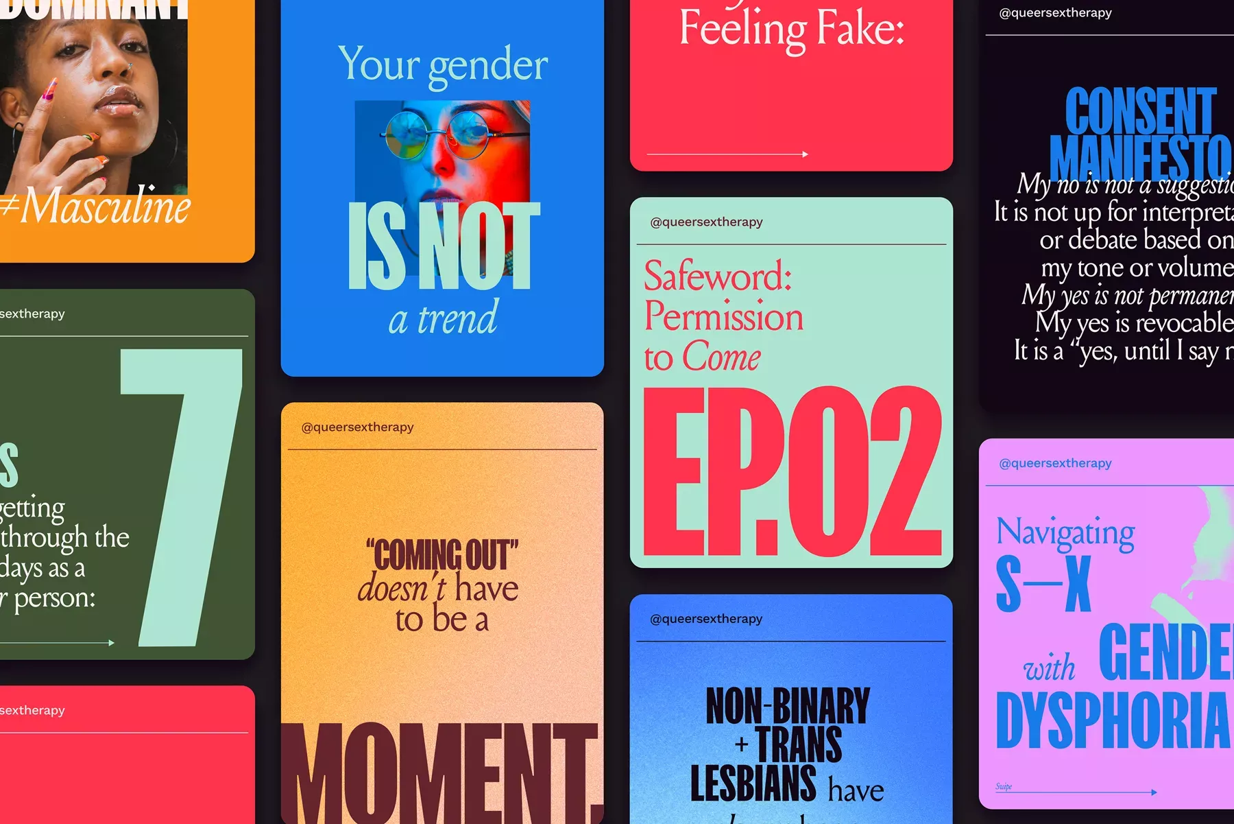 The image is a collage of square graphic tiles, likely representing podcast episodes or content segments, characterized by bold typography and distinct color blocking. The design uses a clean, modern aesthetic with high contrast between text and background colors to convey serious or personal topics.