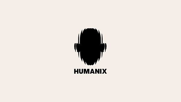 A minimalist logo design featuring a stylized head silhouette with headphone elements, rendered in solid black against a neutral beige background. The design combines organic human form with technological audio equipment, creating a modern symbol for a brand called HUMANIX.