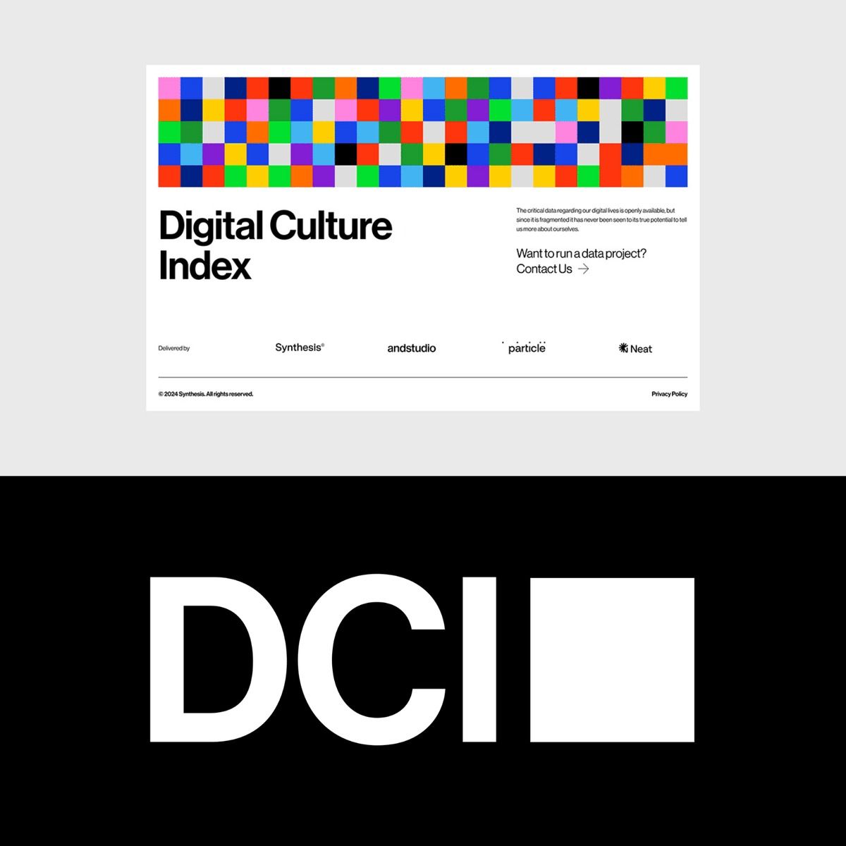 This design utilizes a vibrant, colorful grid as a dynamic header contrasting sharply with clean, minimalist typography below. The visual language suggests data, diversity, and modern digital culture through the use of a full spectrum palette.