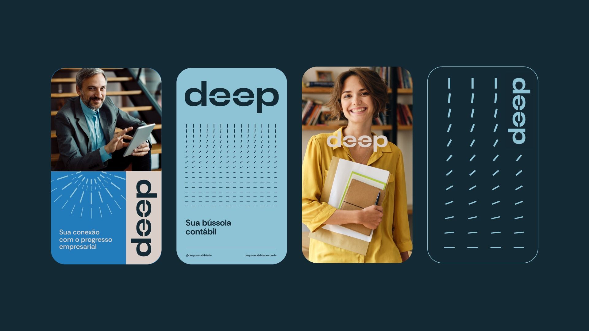 This visual set employs a clean, minimalist aesthetic characterized by geometric patterns and ample negative space. The design successfully blends professional photography with abstract graphic elements to convey a sense of modern corporate trust and organization.