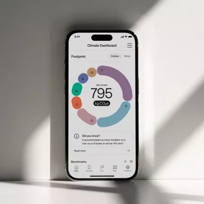 The image displays a clean, modern mobile application dashboard focused on environmental tracking. It utilizes a soft, rounded design language with a vibrant yet muted color palette to present complex data in an easily digestible visual format.