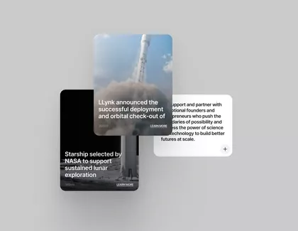 The image presents a clean, modern interface design featuring layered cards with photographic elements and overlaid text, suggesting a professional announcement or achievement showcase. The visual language is minimalist and relies on high-contrast text against muted backgrounds to convey credibility.